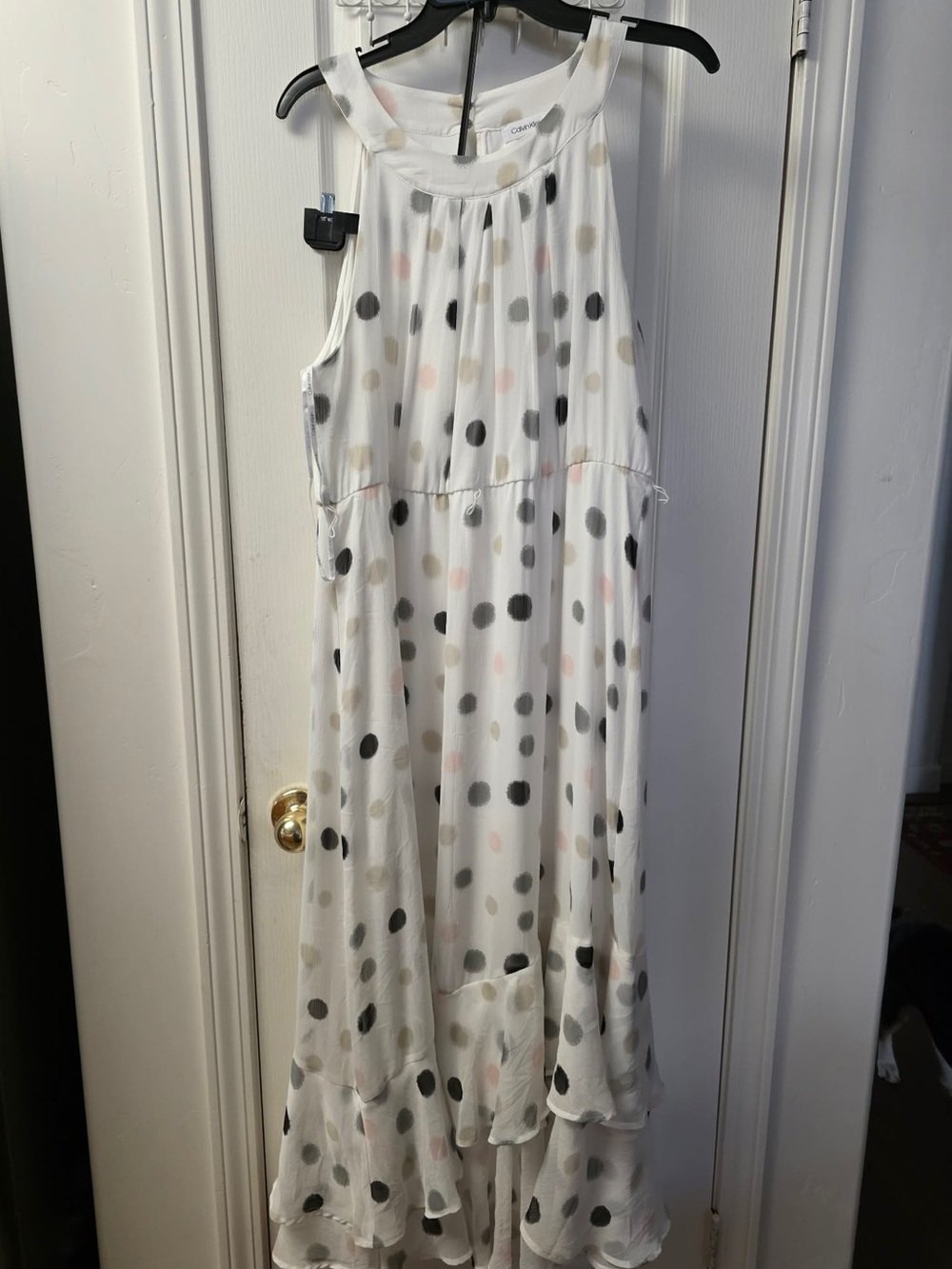 Calvin Klein White Sleeveless Polka Dot Dress with Black, Gray, and Pink Dots